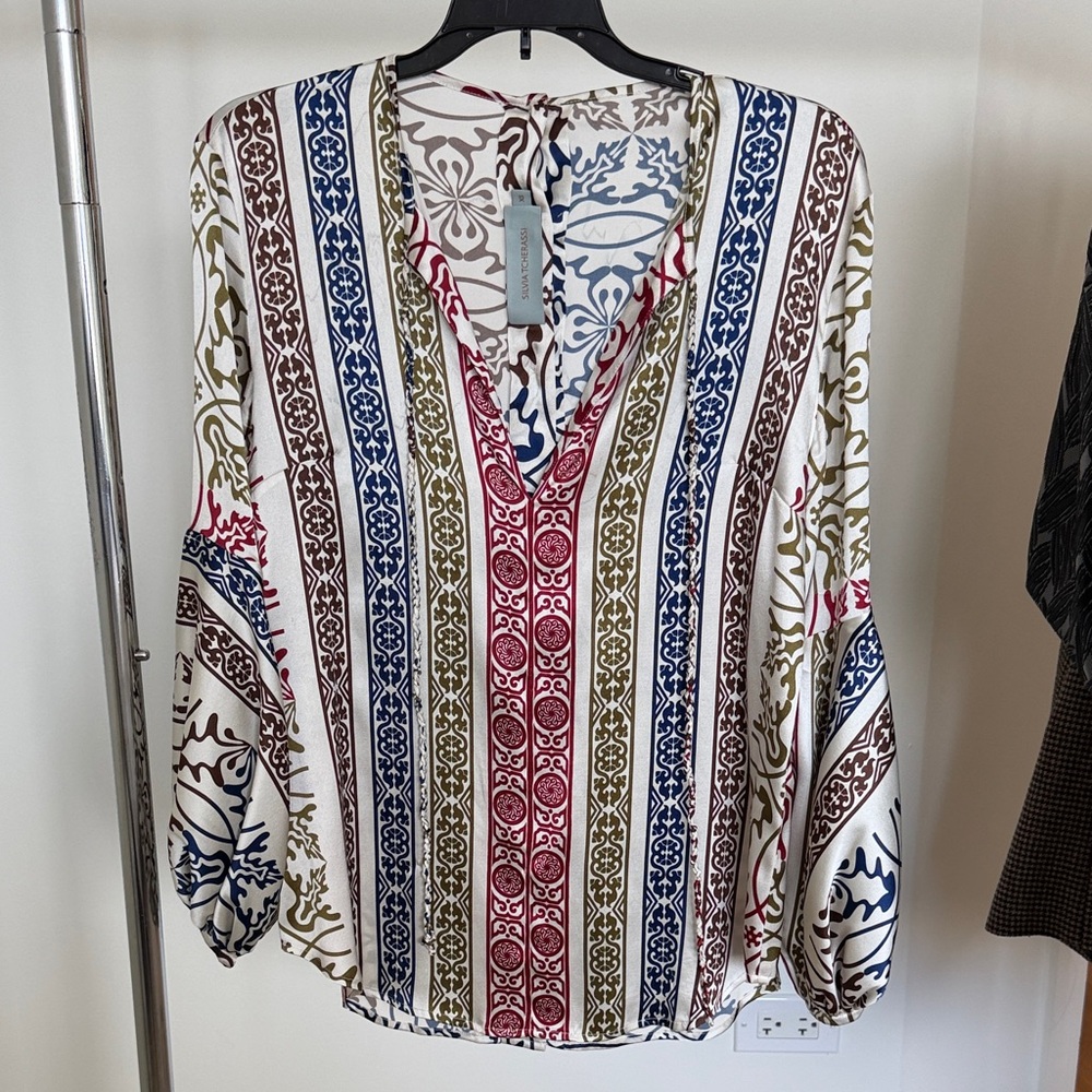 Silvia Tcherassi Borsani Crimson Brown Tile Print Silk Top Floral Shirt XS